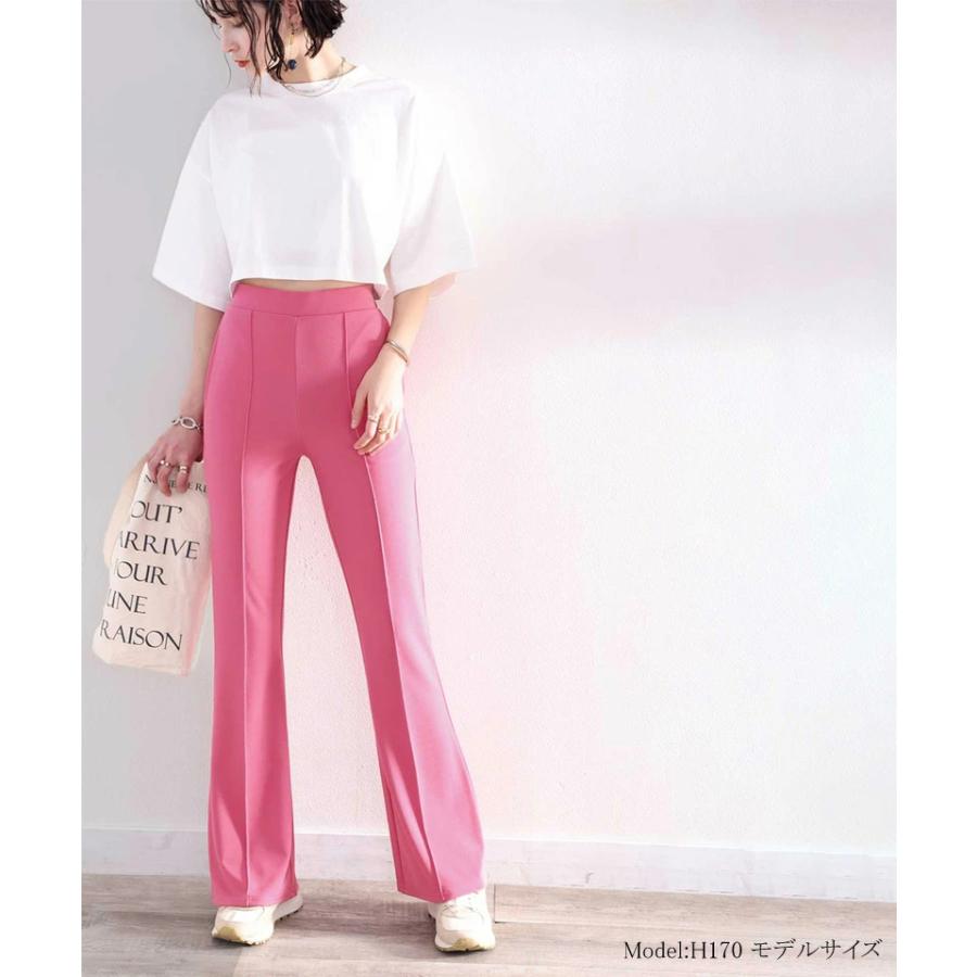 レディース 大きいサイズ 小さいサイズ パンツ ボトムス フレアパンツ センタープレス ストレッチ ウエストゴム セミフレア 美脚シルエット カットソ | classicalelf | 05