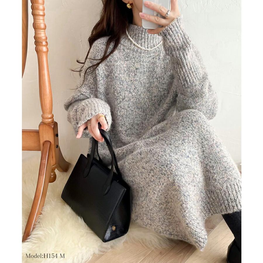 ワンピース レディース ふんわり ウール混 ミックス糸 ミドル丈 シンプル ニット ワンピ ゆったり 体型カバー 暖か Iライン 着回し おでかけ | classicalelf | 02