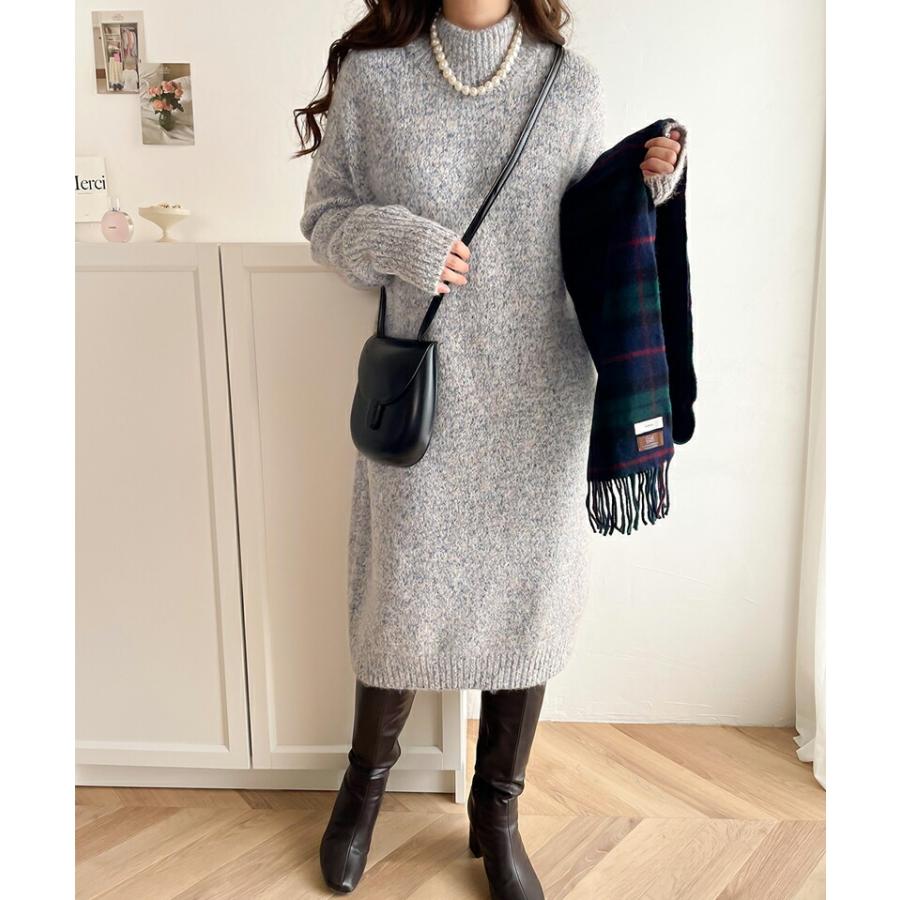 ワンピース レディース ふんわり ウール混 ミックス糸 ミドル丈 シンプル ニット ワンピ ゆったり 体型カバー 暖か Iライン 着回し おでかけ | classicalelf | 03