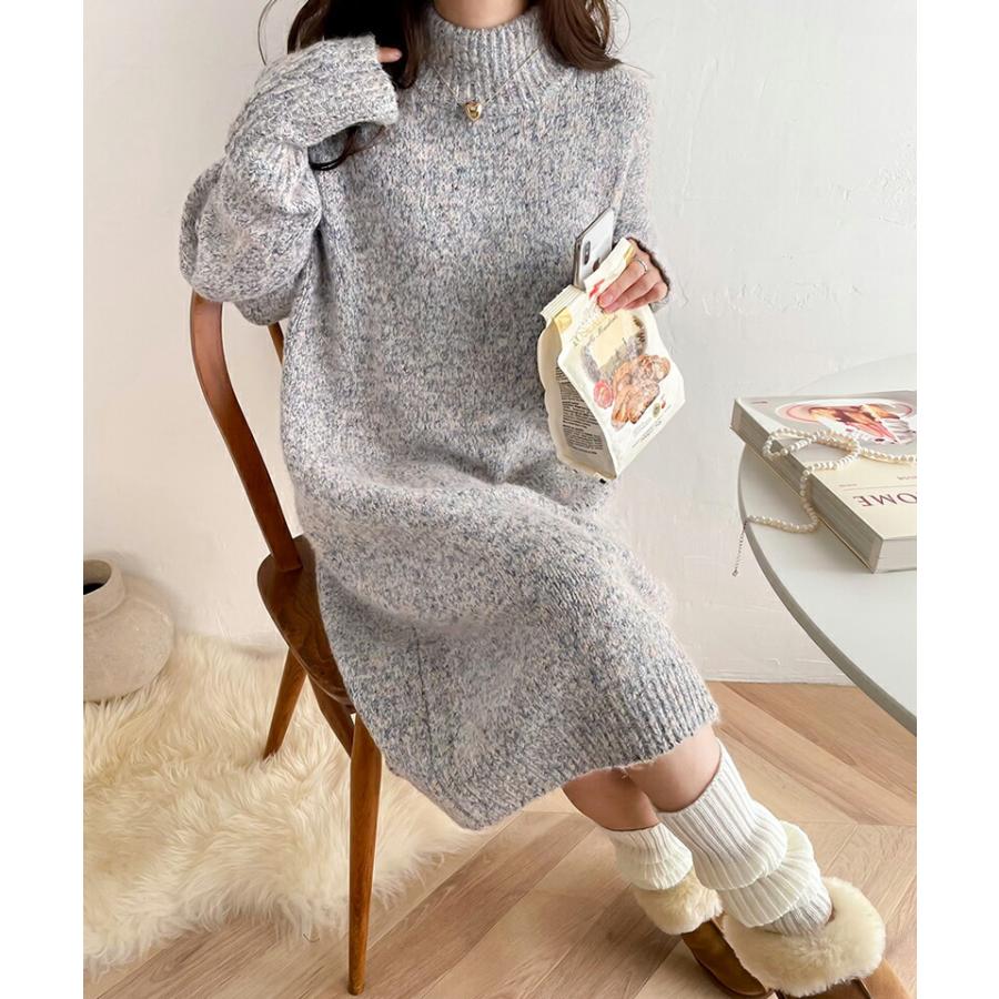 ワンピース レディース ふんわり ウール混 ミックス糸 ミドル丈 シンプル ニット ワンピ ゆったり 体型カバー 暖か Iライン 着回し おでかけ | classicalelf | 05