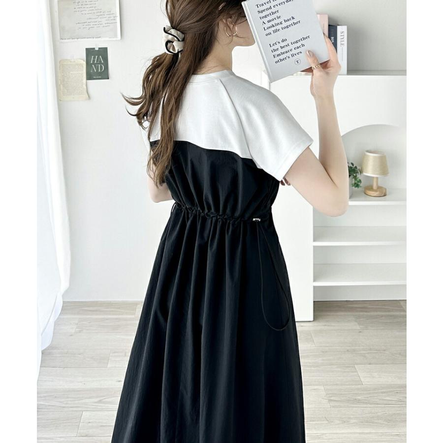 ワンピース レディース フレンチ スリーブ Ｔシャツ ビスチェ ドッキング ワンピ ウエスト ドロスト コード 付き ロング 丈 スタイルアップ | classicalelf | 12