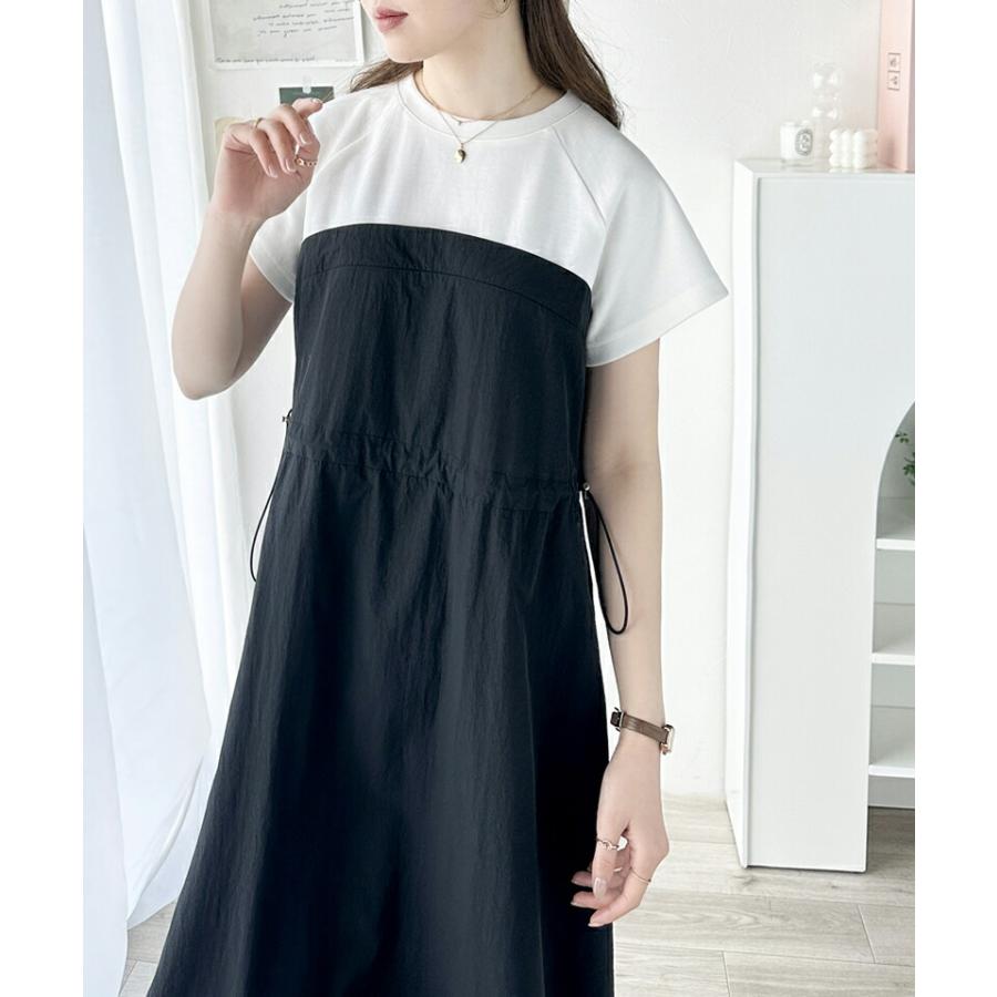 ワンピース レディース フレンチ スリーブ Ｔシャツ ビスチェ ドッキング ワンピ ウエスト ドロスト コード 付き ロング 丈 スタイルアップ | classicalelf | 13