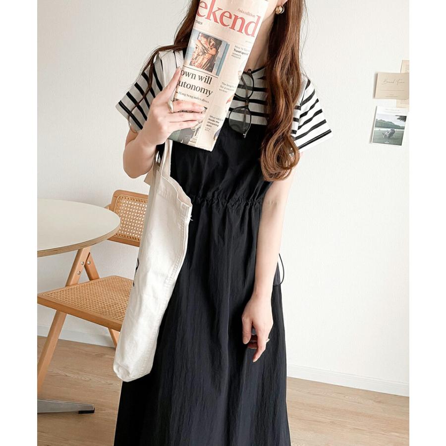 ワンピース レディース フレンチ スリーブ Ｔシャツ ビスチェ ドッキング ワンピ ウエスト ドロスト コード 付き ロング 丈 スタイルアップ | classicalelf | 04