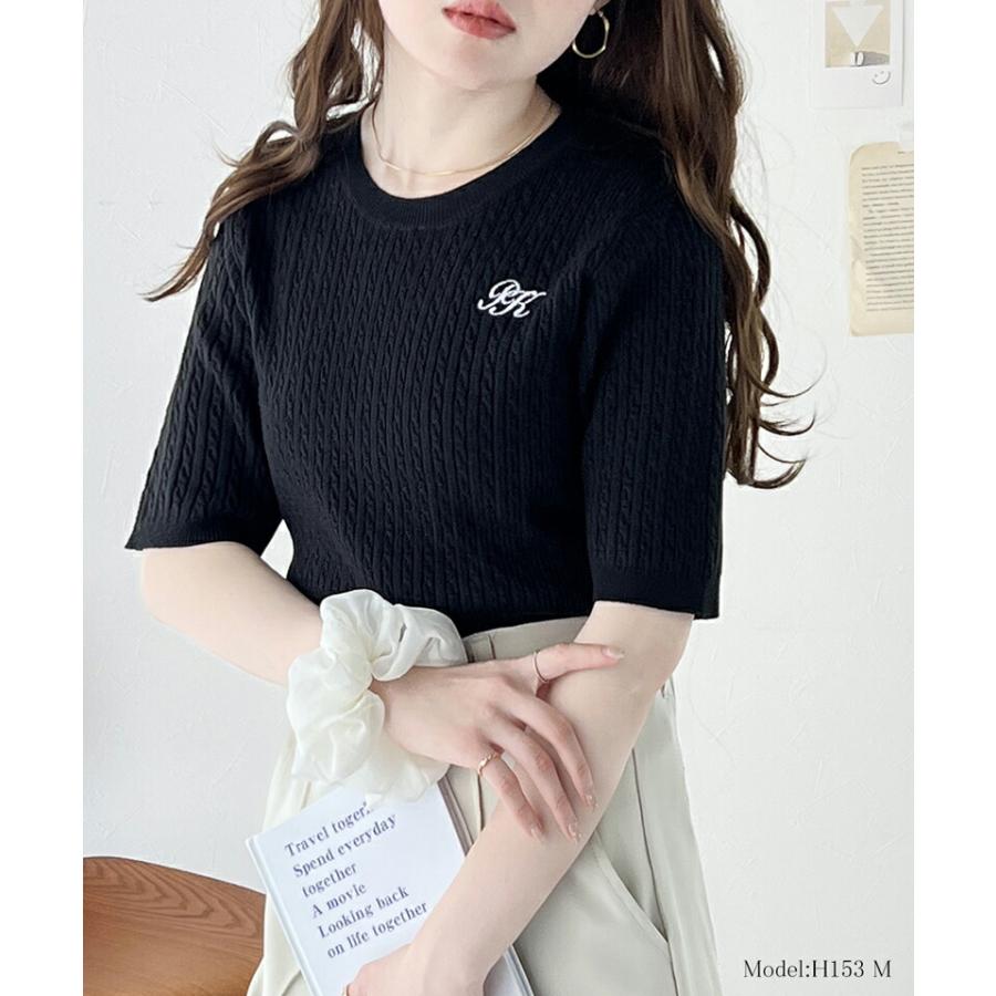 トップス ニット レディース レトロ ケーブル 編み 胸 ワンポイント 刺しゅう 半袖 プルオーバー クルーネック リブ 切り替え 着回し | classicalelf | 10