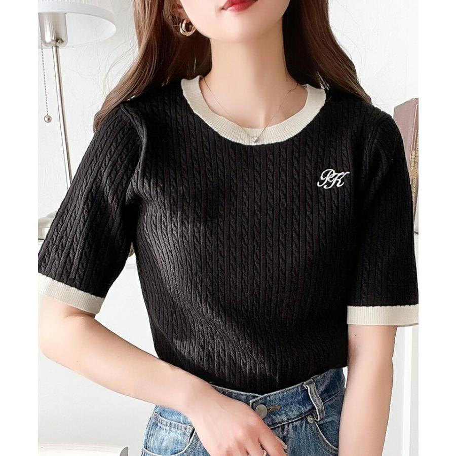 トップス ニット レディース レトロ ケーブル 編み 胸 ワンポイント 刺しゅう 半袖 プルオーバー クルーネック リブ 切り替え 着回し | classicalelf | 13