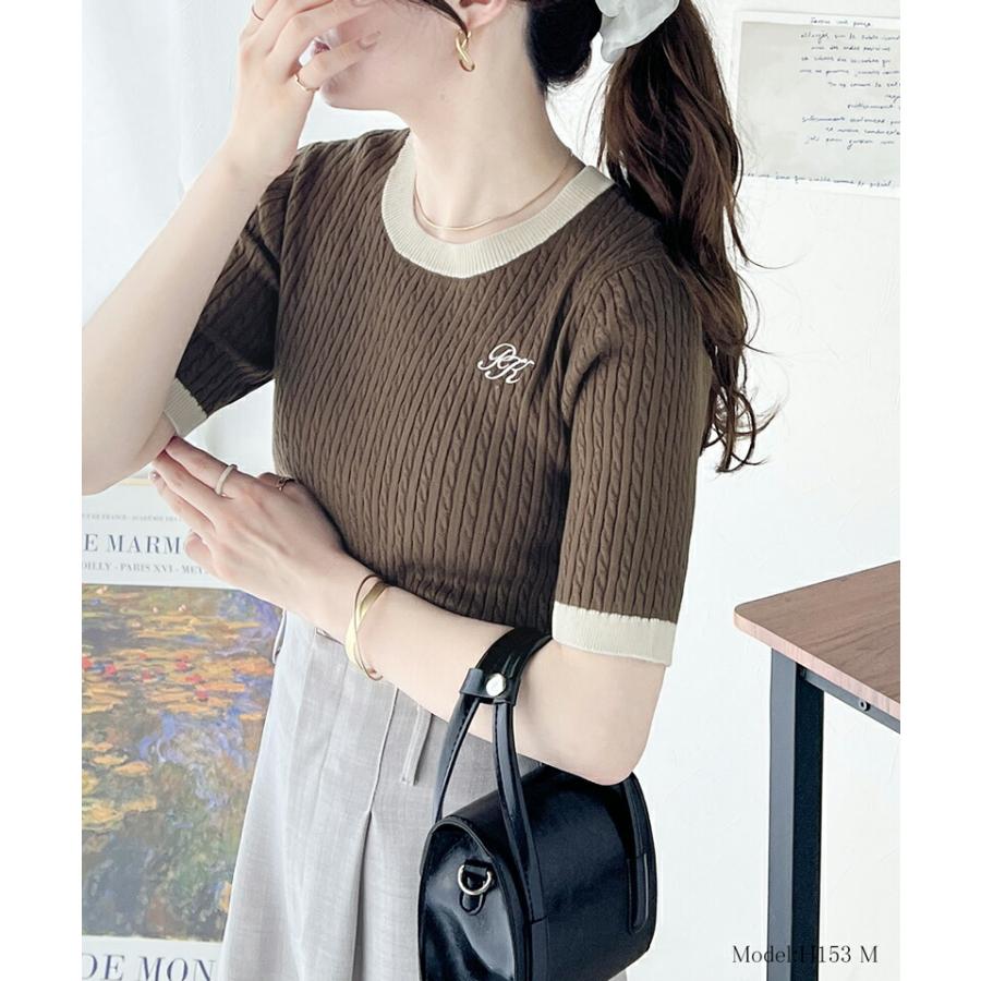 トップス ニット レディース レトロ ケーブル 編み 胸 ワンポイント 刺しゅう 半袖 プルオーバー クルーネック リブ 切り替え 着回し | classicalelf | 14