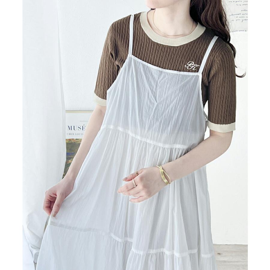 トップス ニット レディース レトロ ケーブル 編み 胸 ワンポイント 刺しゅう 半袖 プルオーバー クルーネック リブ 切り替え 着回し | classicalelf | 15