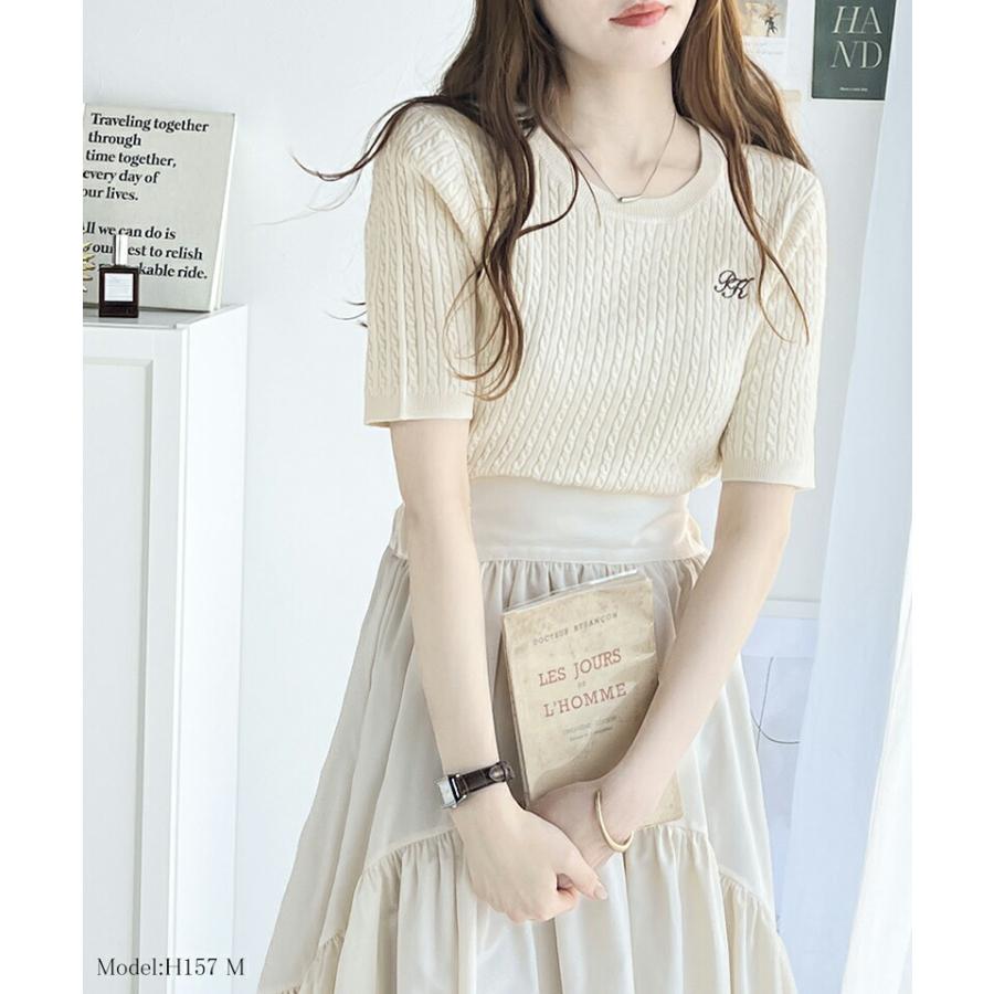 トップス ニット レディース レトロ ケーブル 編み 胸 ワンポイント 刺しゅう 半袖 プルオーバー クルーネック リブ 切り替え 着回し | classicalelf | 05