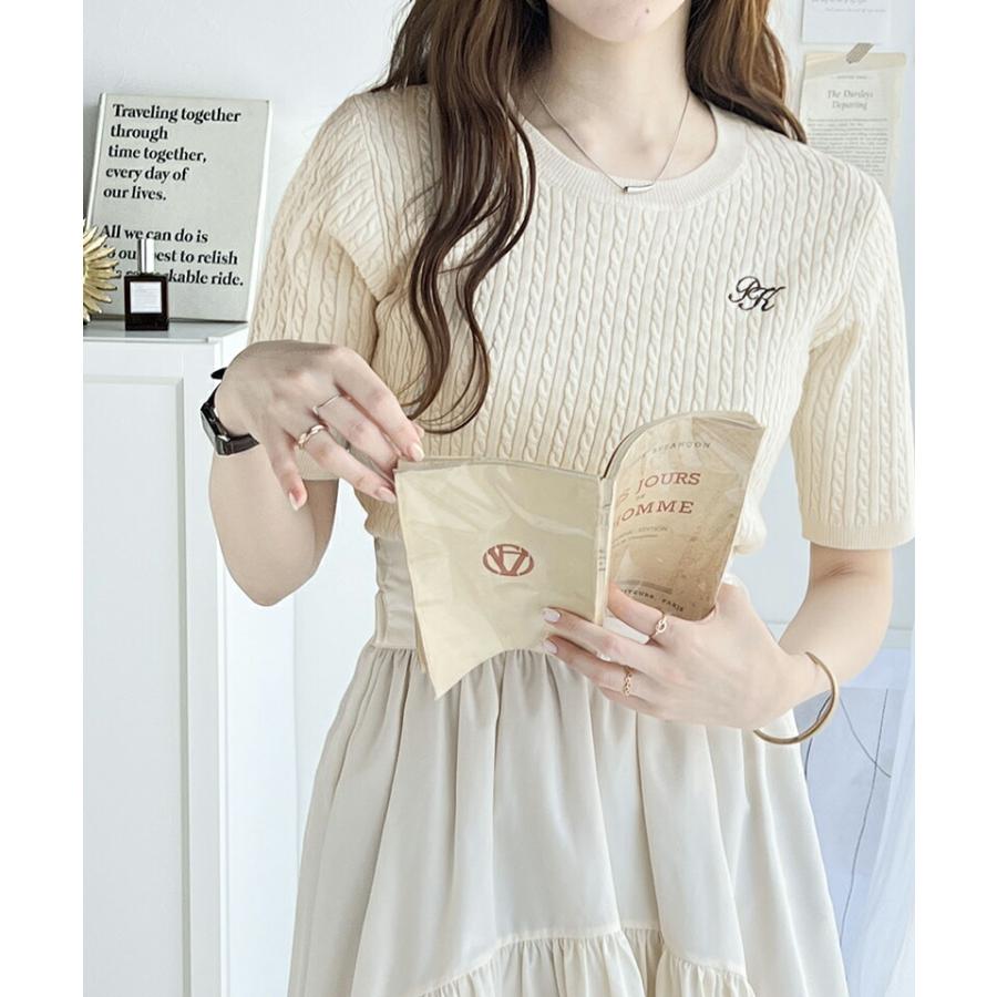 トップス ニット レディース レトロ ケーブル 編み 胸 ワンポイント 刺しゅう 半袖 プルオーバー クルーネック リブ 切り替え 着回し | classicalelf | 07