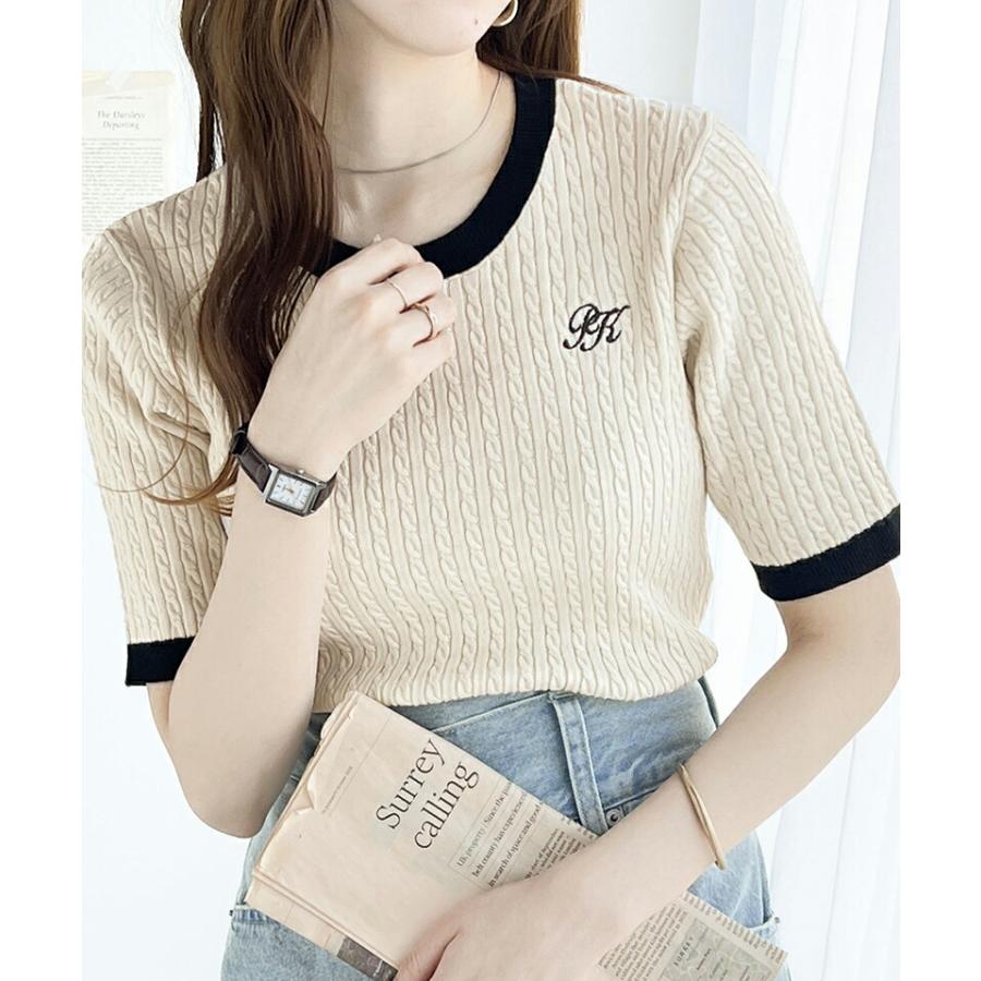 トップス ニット レディース レトロ ケーブル 編み 胸 ワンポイント 刺しゅう 半袖 プルオーバー クルーネック リブ 切り替え 着回し | classicalelf | 09