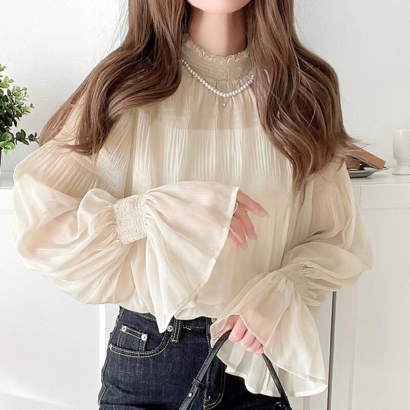 トップス シャツ レディース シアー マジョリカ プリーツ 加工 シフォン 素材 ブラウス インナー ゆったり ビッグシルエット ボリューム | classicalelf
