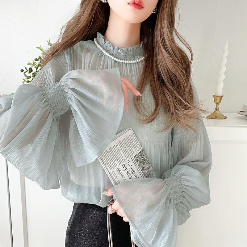 トップス シャツ レディース シアー マジョリカ プリーツ 加工 シフォン 素材 ブラウス インナー ゆったり ビッグシルエット ボリューム | classicalelf | 18