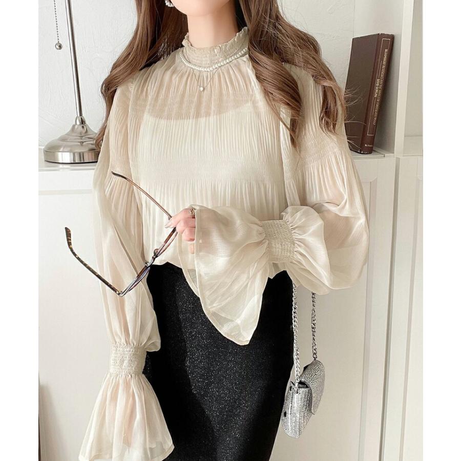 トップス シャツ レディース シアー マジョリカ プリーツ 加工 シフォン 素材 ブラウス インナー ゆったり ビッグシルエット ボリューム | classicalelf | 03