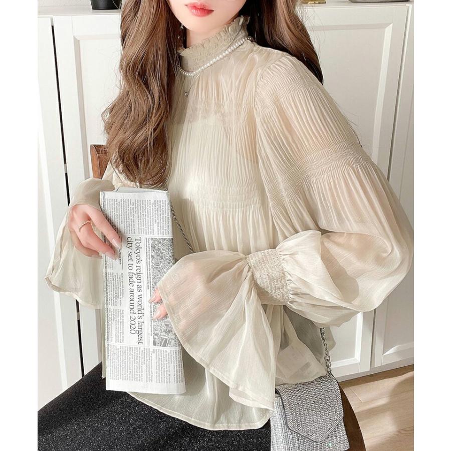 トップス シャツ レディース シアー マジョリカ プリーツ 加工 シフォン 素材 ブラウス インナー ゆったり ビッグシルエット ボリューム | classicalelf | 05