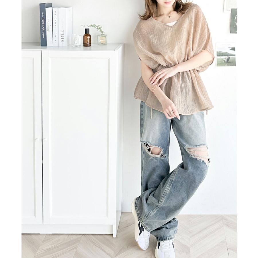 トップス シャツ レディース 凹凸 シアー 素材 前後 2way Xライン ギャザー ボリューム ブラウス ウエスト リボン オーバーサイズ レイヤード | classicalelf | 10