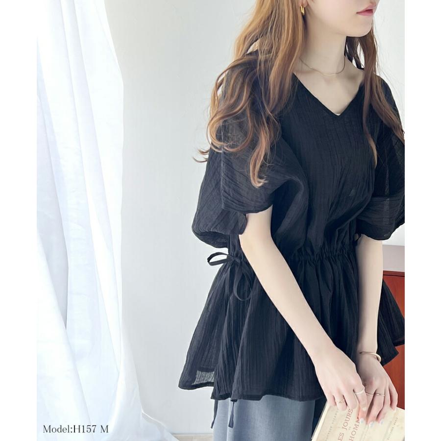 トップス シャツ レディース 凹凸 シアー 素材 前後 2way Xライン ギャザー ボリューム ブラウス ウエスト リボン オーバーサイズ レイヤード | classicalelf | 11