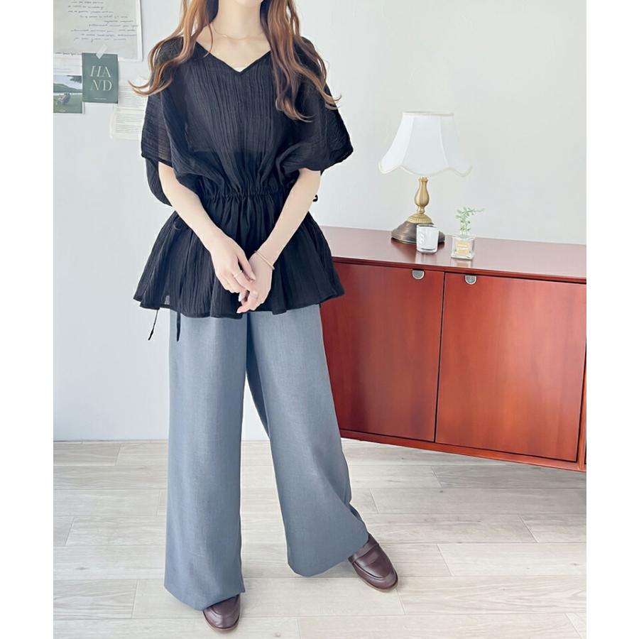 トップス シャツ レディース 凹凸 シアー 素材 前後 2way Xライン ギャザー ボリューム ブラウス ウエスト リボン オーバーサイズ レイヤード | classicalelf | 12