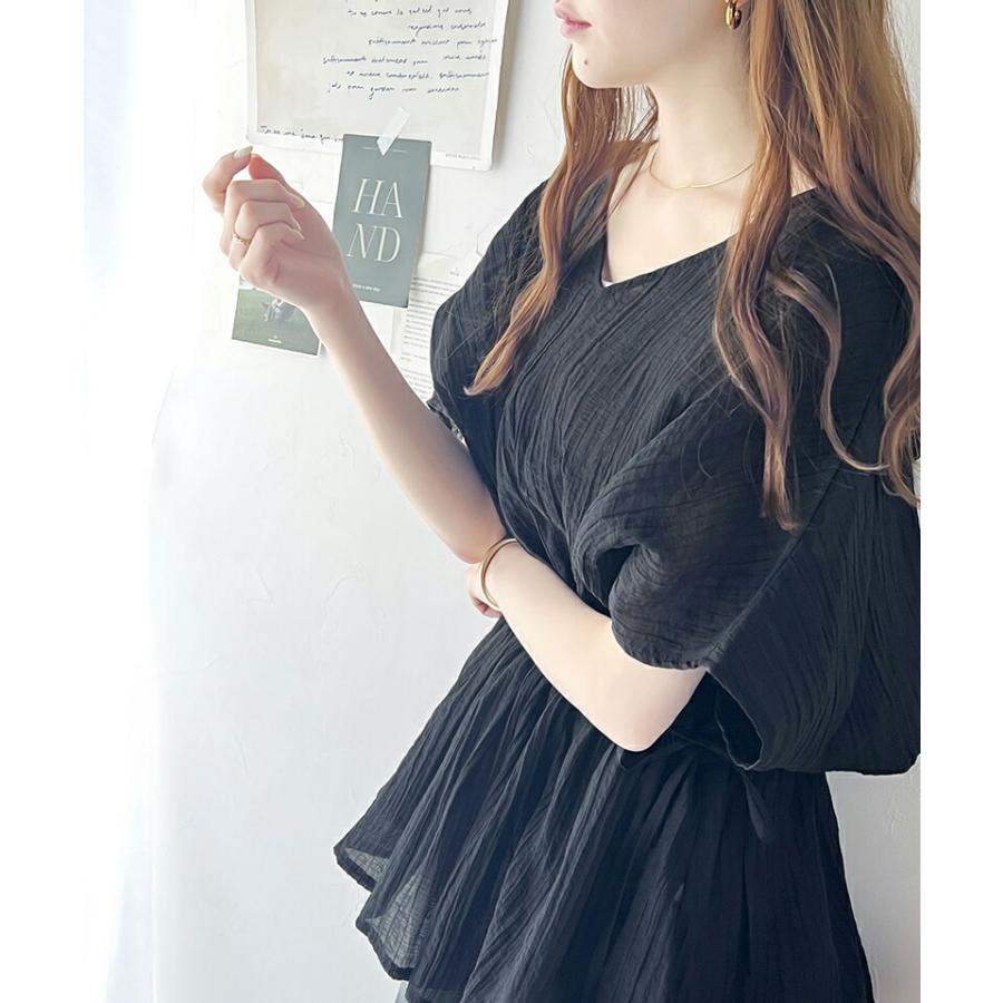 トップス シャツ レディース 凹凸 シアー 素材 前後 2way Xライン ギャザー ボリューム ブラウス ウエスト リボン オーバーサイズ レイヤード | classicalelf | 13