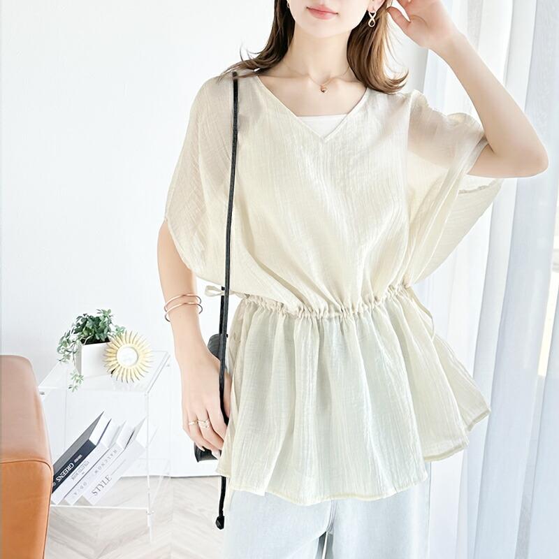 トップス シャツ レディース 凹凸 シアー 素材 前後 2way Xライン ギャザー ボリューム ブラウス ウエスト リボン オーバーサイズ レイヤード | classicalelf | 16