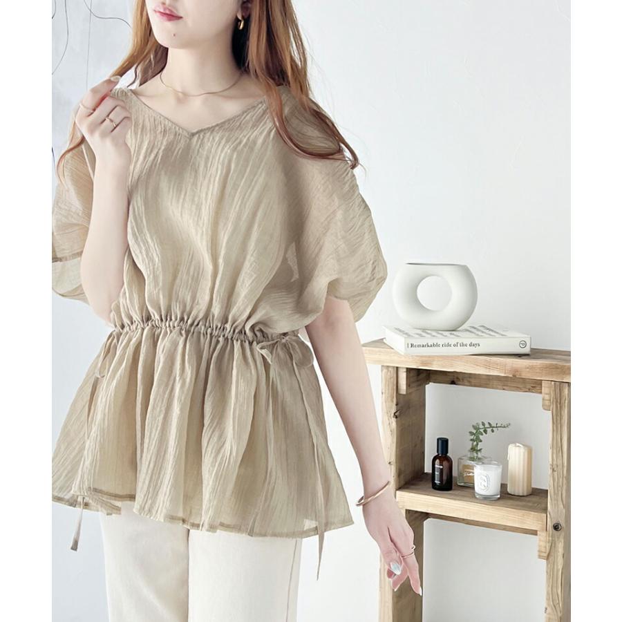 トップス シャツ レディース 凹凸 シアー 素材 前後 2way Xライン ギャザー ボリューム ブラウス ウエスト リボン オーバーサイズ レイヤード | classicalelf | 03