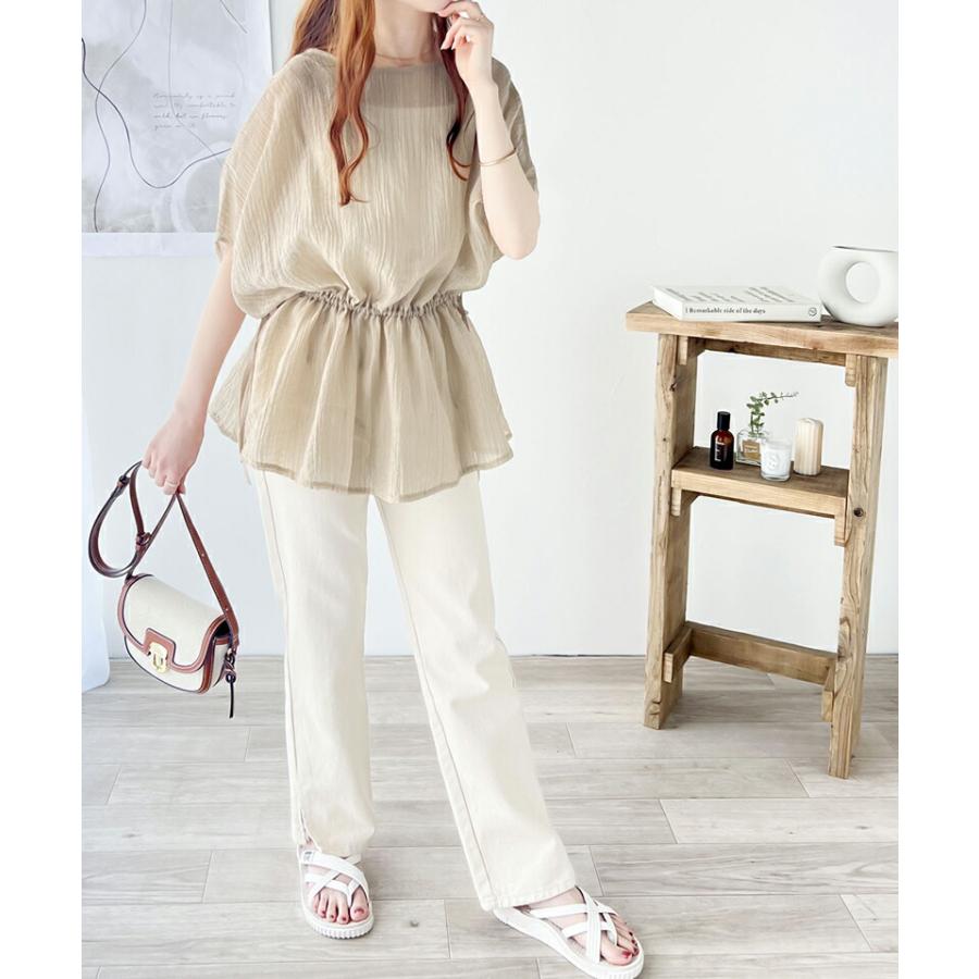 トップス シャツ レディース 凹凸 シアー 素材 前後 2way Xライン ギャザー ボリューム ブラウス ウエスト リボン オーバーサイズ レイヤード | classicalelf | 04