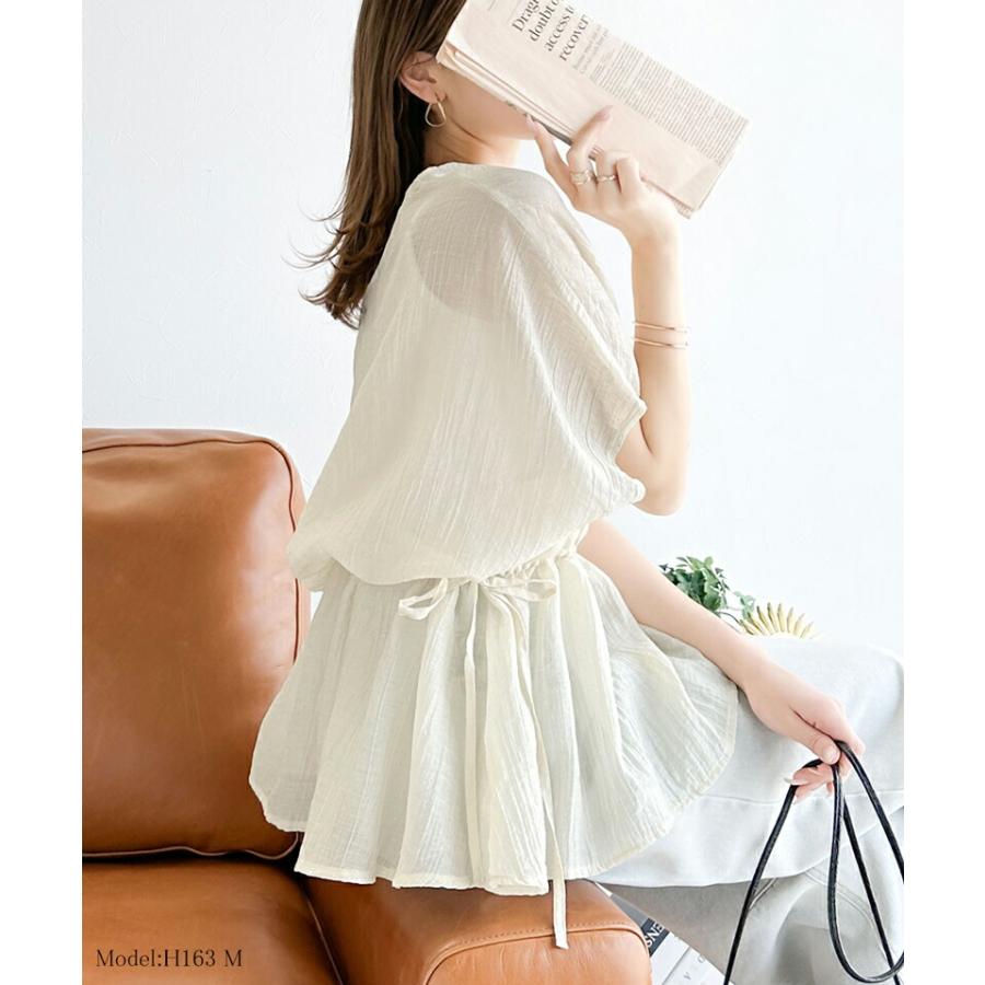 トップス シャツ レディース 凹凸 シアー 素材 前後 2way Xライン ギャザー ボリューム ブラウス ウエスト リボン オーバーサイズ レイヤード | classicalelf | 05
