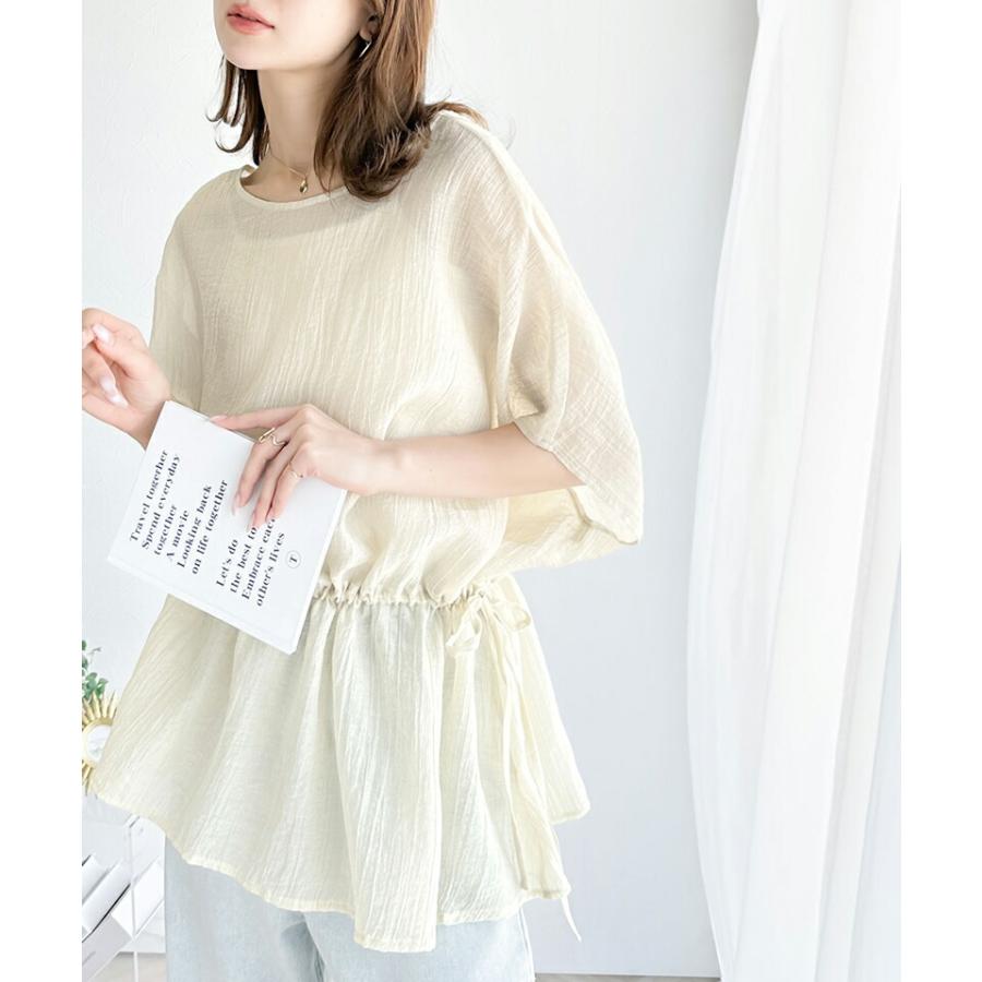 トップス シャツ レディース 凹凸 シアー 素材 前後 2way Xライン ギャザー ボリューム ブラウス ウエスト リボン オーバーサイズ レイヤード | classicalelf | 06