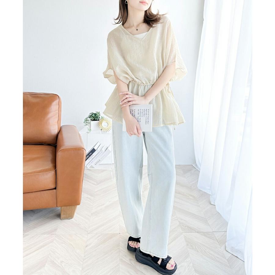 トップス シャツ レディース 凹凸 シアー 素材 前後 2way Xライン ギャザー ボリューム ブラウス ウエスト リボン オーバーサイズ レイヤード | classicalelf | 07