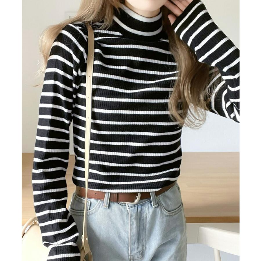 トップス ニット レディース 袖 W 配色 ハイネック リブニット シンプル 万能 インナー レイヤードコーデ 着回し もっちり 肌触り ロングシーズン | classicalelf | 11