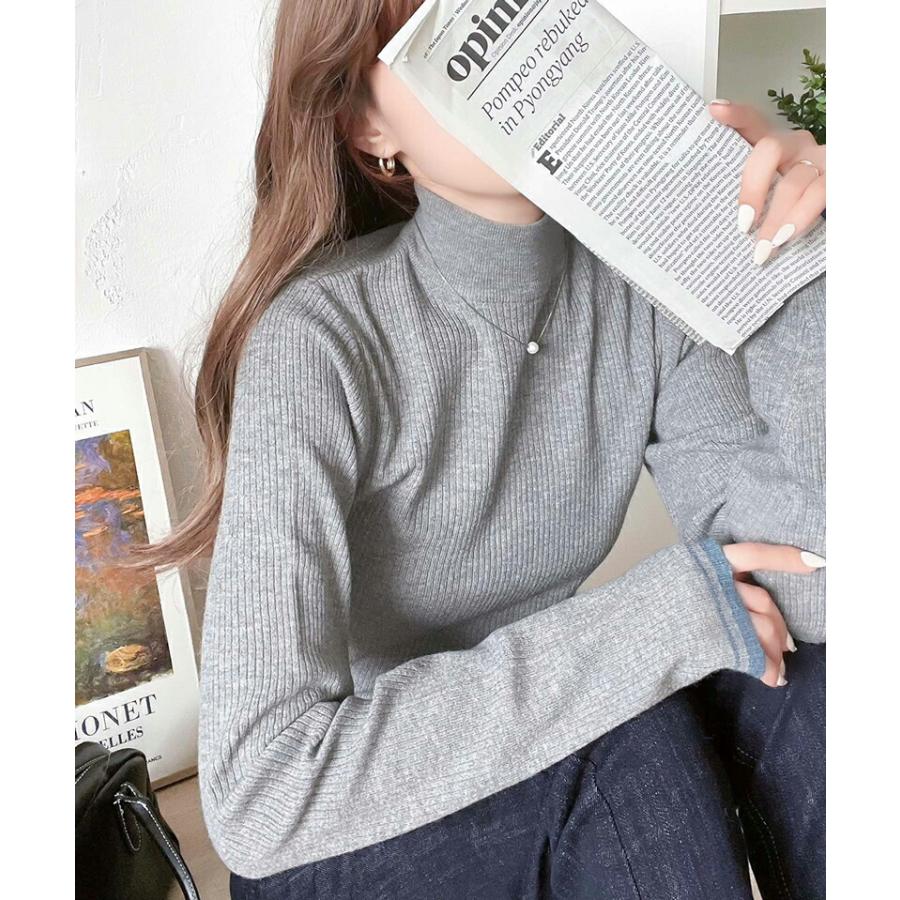 トップス ニット レディース 袖 W 配色 ハイネック リブニット シンプル 万能 インナー レイヤードコーデ 着回し もっちり 肌触り ロングシーズン | classicalelf | 13