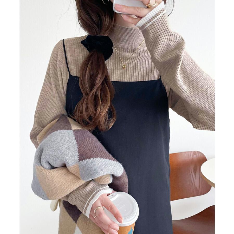 トップス ニット レディース 袖 W 配色 ハイネック リブニット シンプル 万能 インナー レイヤードコーデ 着回し もっちり 肌触り ロングシーズン | classicalelf | 15