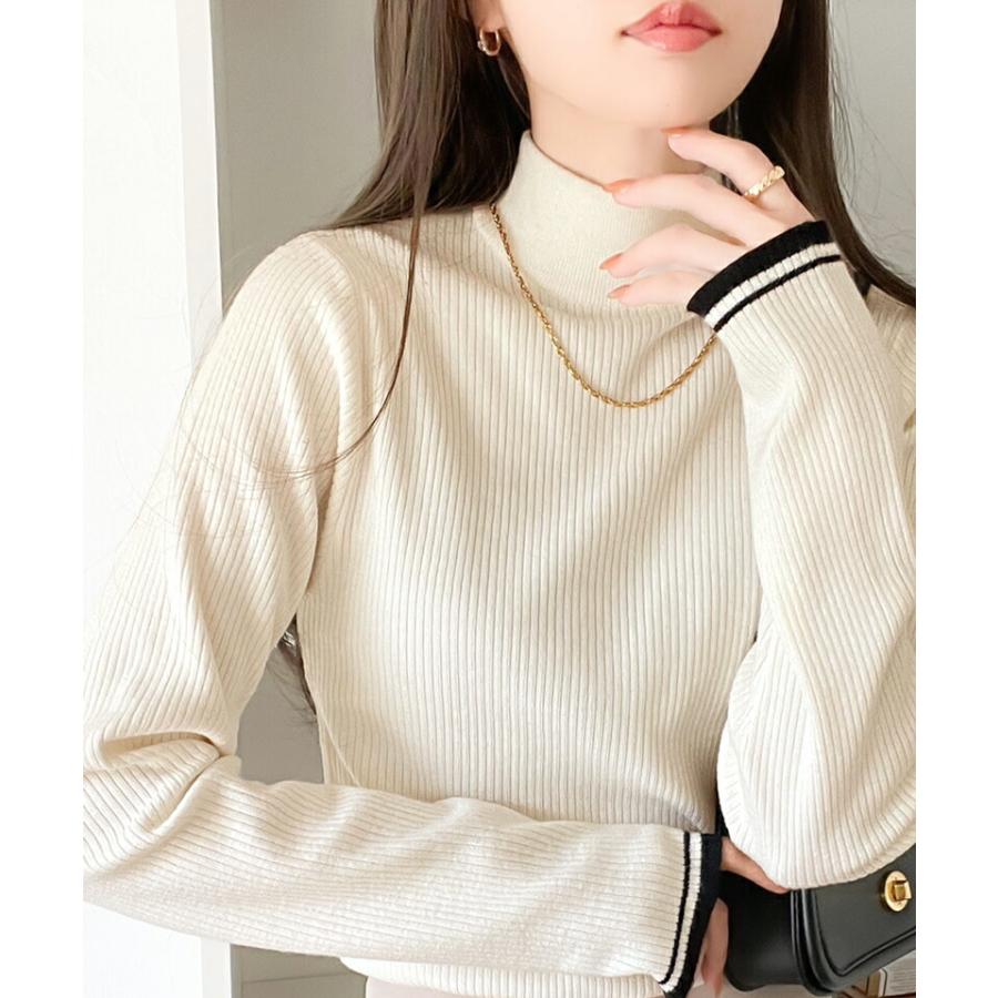 トップス ニット レディース 袖 W 配色 ハイネック リブニット シンプル 万能 インナー レイヤードコーデ 着回し もっちり 肌触り ロングシーズン | classicalelf | 03