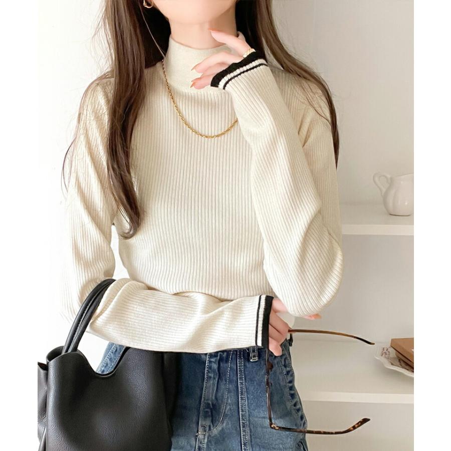 トップス ニット レディース 袖 W 配色 ハイネック リブニット シンプル 万能 インナー レイヤードコーデ 着回し もっちり 肌触り ロングシーズン | classicalelf | 04