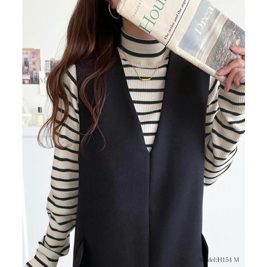 トップス ニット レディース 袖 W 配色 ハイネック リブニット シンプル 万能 インナー レイヤードコーデ 着回し もっちり 肌触り ロングシーズン | classicalelf | 05