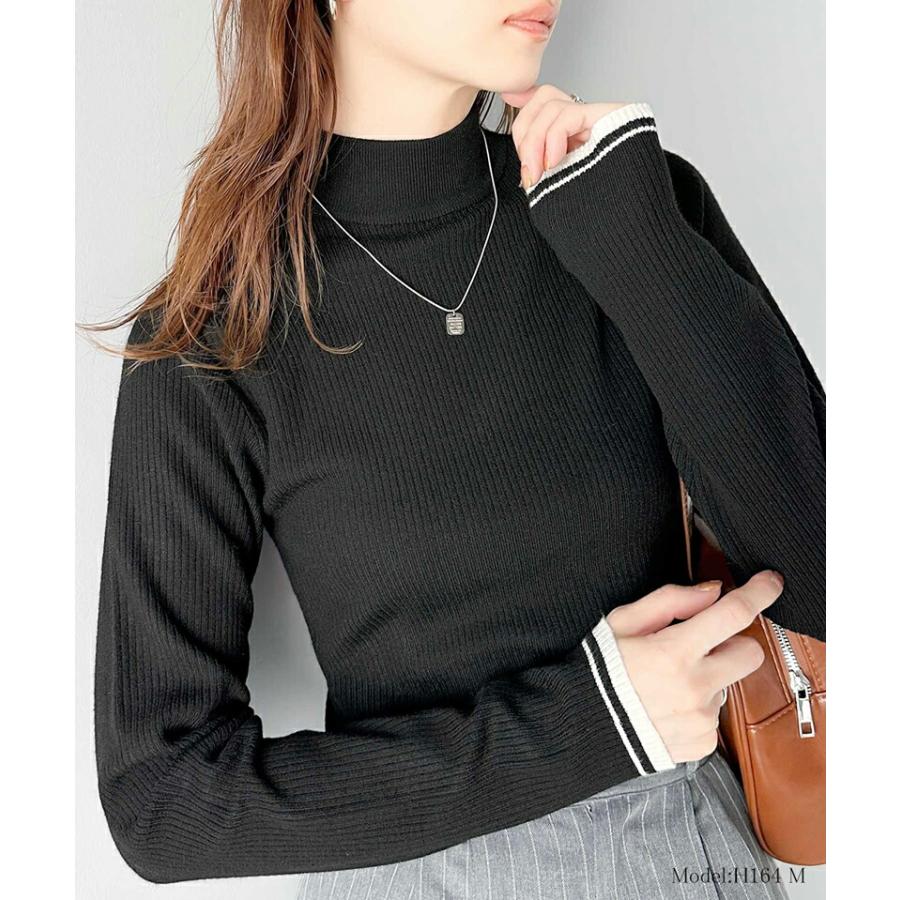 トップス ニット レディース 袖 W 配色 ハイネック リブニット シンプル 万能 インナー レイヤードコーデ 着回し もっちり 肌触り ロングシーズン | classicalelf | 08
