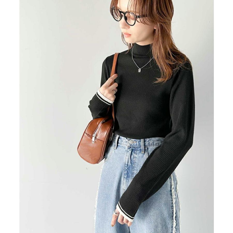 トップス ニット レディース 袖 W 配色 ハイネック リブニット シンプル 万能 インナー レイヤードコーデ 着回し もっちり 肌触り ロングシーズン | classicalelf | 09