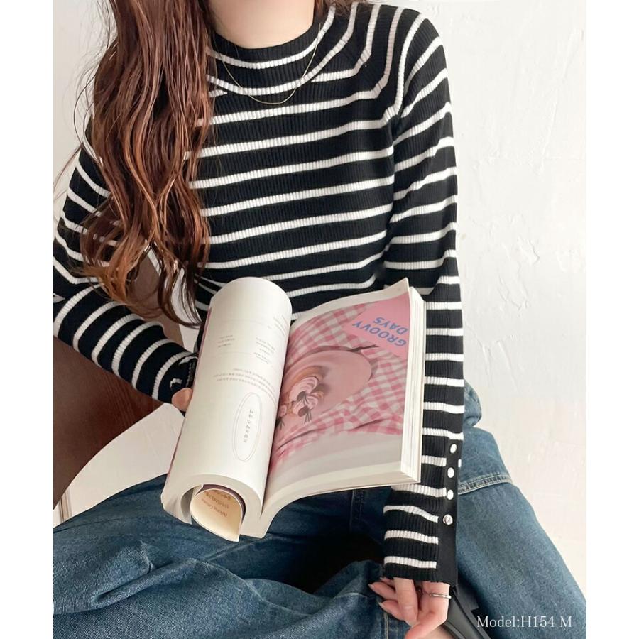 トップス ニット レディース 袖 ボタン ハイ ネック リブニット 無地 ボーダー シンプル ベーシック 着回し デイリー 袖 ボタン スリット 肌触り | classicalelf | 10