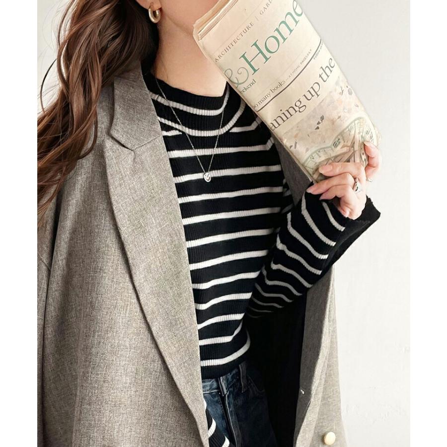 トップス ニット レディース 袖 ボタン ハイ ネック リブニット 無地 ボーダー シンプル ベーシック 着回し デイリー 袖 ボタン スリット 肌触り | classicalelf | 11