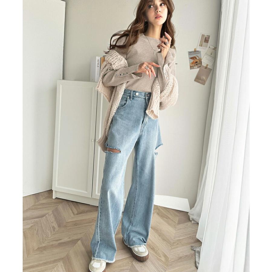 トップス ニット レディース 袖 ボタン ハイ ネック リブニット 無地 ボーダー シンプル ベーシック 着回し デイリー 袖 ボタン スリット 肌触り | classicalelf | 15