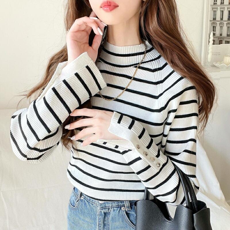 トップス ニット レディース 袖 ボタン ハイ ネック リブニット 無地 ボーダー シンプル ベーシック 着回し デイリー 袖 ボタン スリット 肌触り | classicalelf | 18