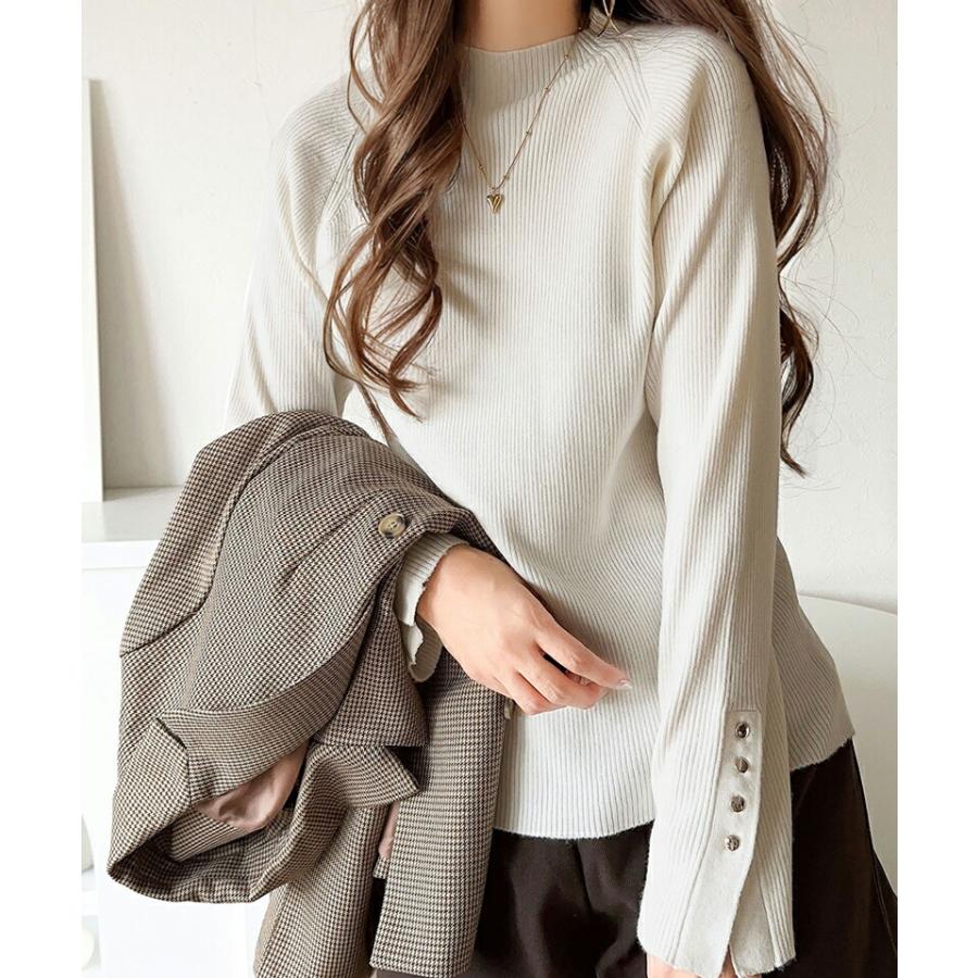 トップス ニット レディース 袖 ボタン ハイ ネック リブニット 無地 ボーダー シンプル ベーシック 着回し デイリー 袖 ボタン スリット 肌触り | classicalelf | 03