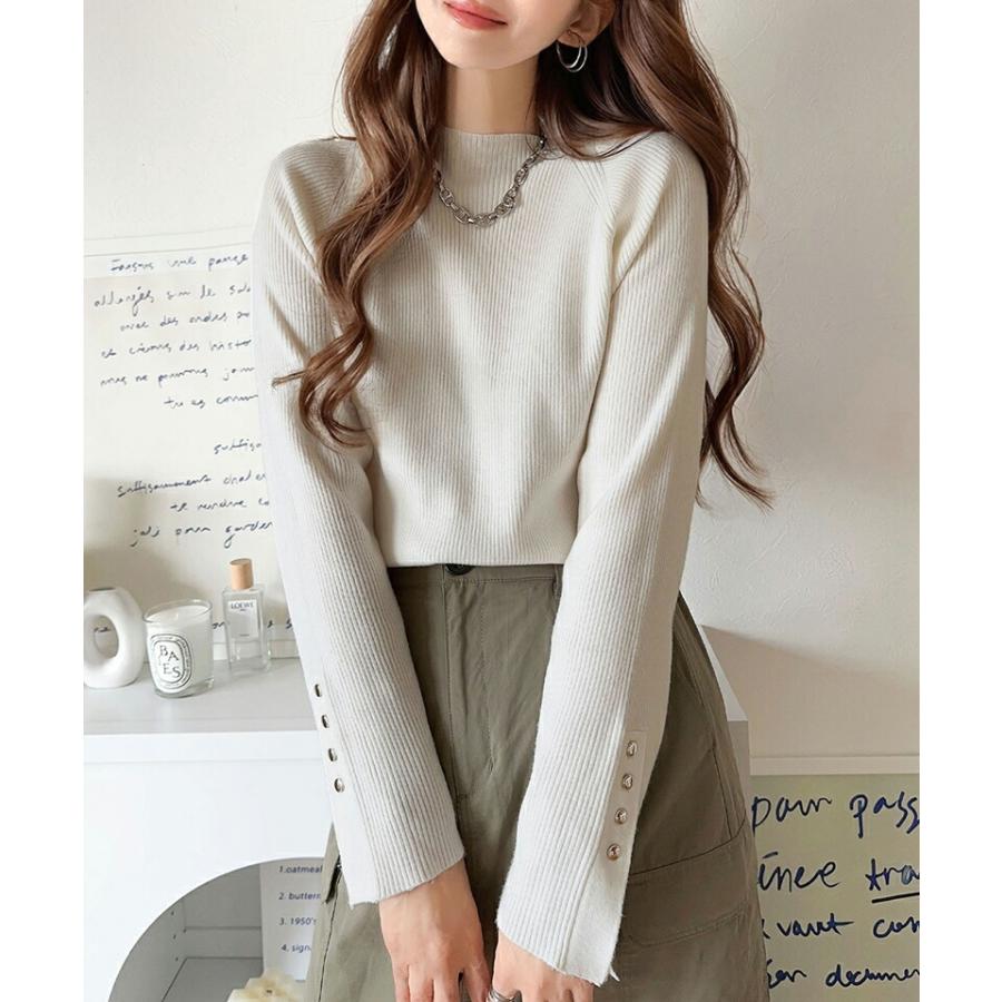 トップス ニット レディース 袖 ボタン ハイ ネック リブニット 無地 ボーダー シンプル ベーシック 着回し デイリー 袖 ボタン スリット 肌触り | classicalelf | 04