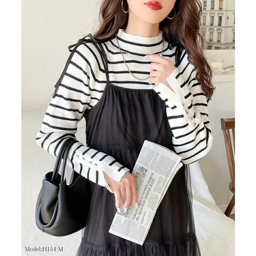 トップス ニット レディース 袖 ボタン ハイ ネック リブニット 無地 ボーダー シンプル ベーシック 着回し デイリー 袖 ボタン スリット 肌触り | classicalelf | 05