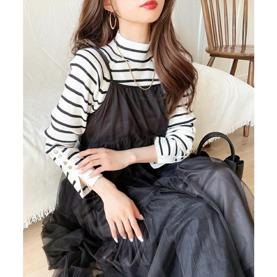 トップス ニット レディース 袖 ボタン ハイ ネック リブニット 無地 ボーダー シンプル ベーシック 着回し デイリー 袖 ボタン スリット 肌触り | classicalelf | 06