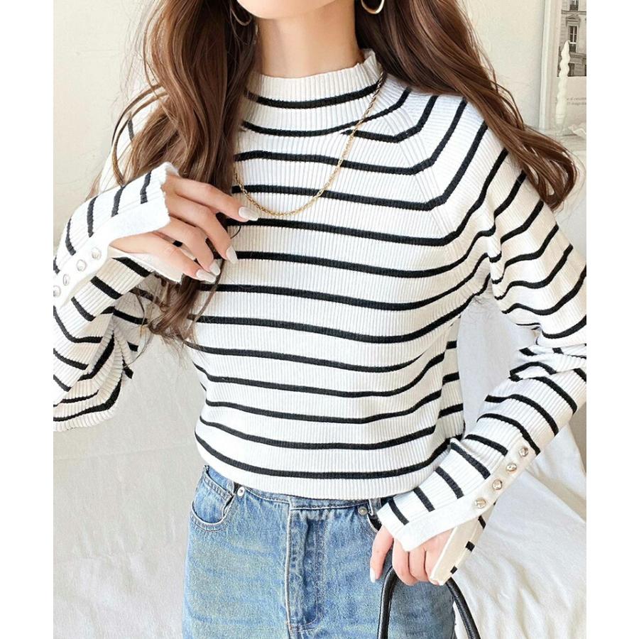 トップス ニット レディース 袖 ボタン ハイ ネック リブニット 無地 ボーダー シンプル ベーシック 着回し デイリー 袖 ボタン スリット 肌触り | classicalelf | 07