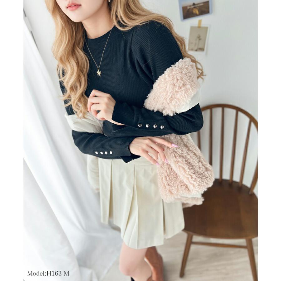 トップス ニット レディース 袖 ボタン ハイ ネック リブニット 無地 ボーダー シンプル ベーシック 着回し デイリー 袖 ボタン スリット 肌触り | classicalelf | 08