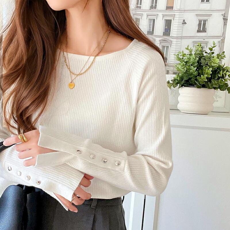 トップス ニット レディース 袖 ボタン クルーネック リブニット 無地 ボーダー 袖先 スリット レイヤードコーデ 程よい 伸縮性 着回し | classicalelf