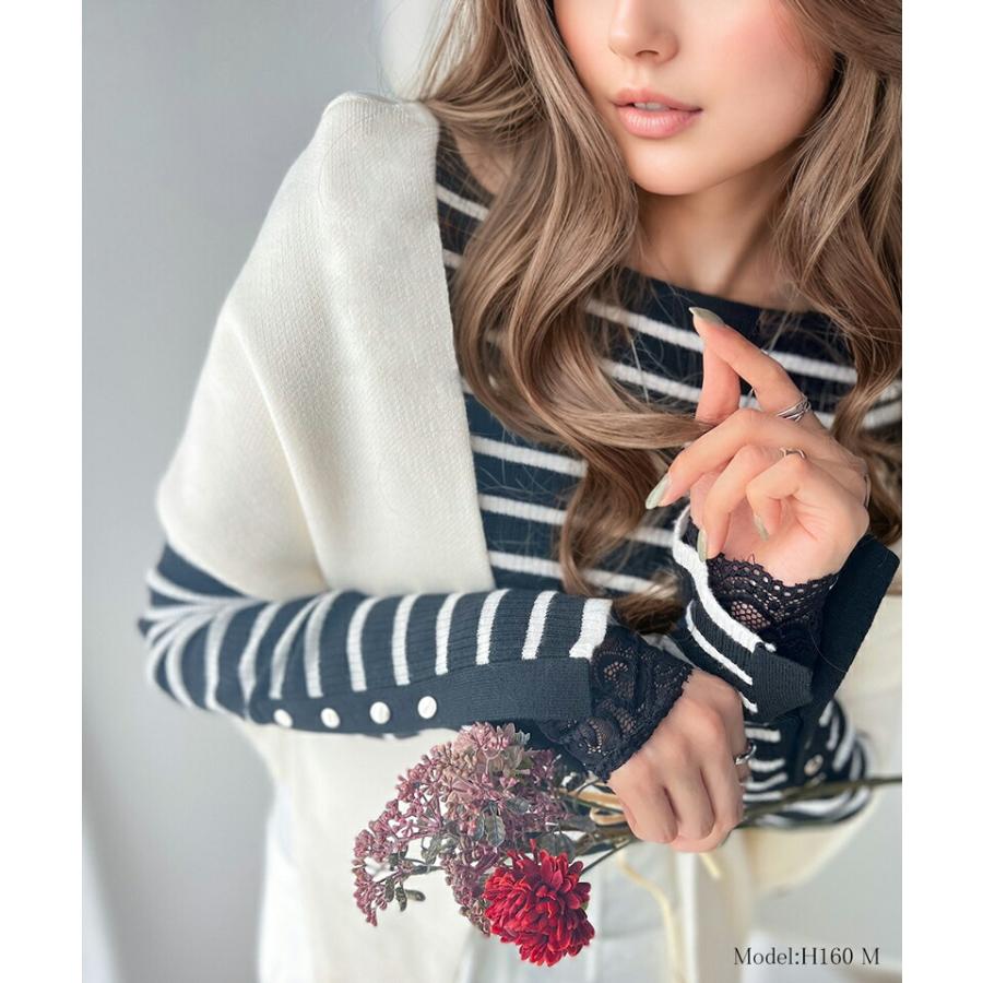 トップス ニット レディース 袖 ボタン クルーネック リブニット 無地 ボーダー 袖先 スリット レイヤードコーデ 程よい 伸縮性 着回し | classicalelf | 10