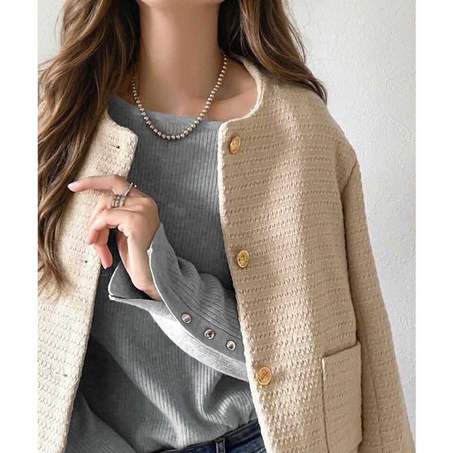 トップス ニット レディース 袖 ボタン クルーネック リブニット 無地 ボーダー 袖先 スリット レイヤードコーデ 程よい 伸縮性 着回し | classicalelf | 13