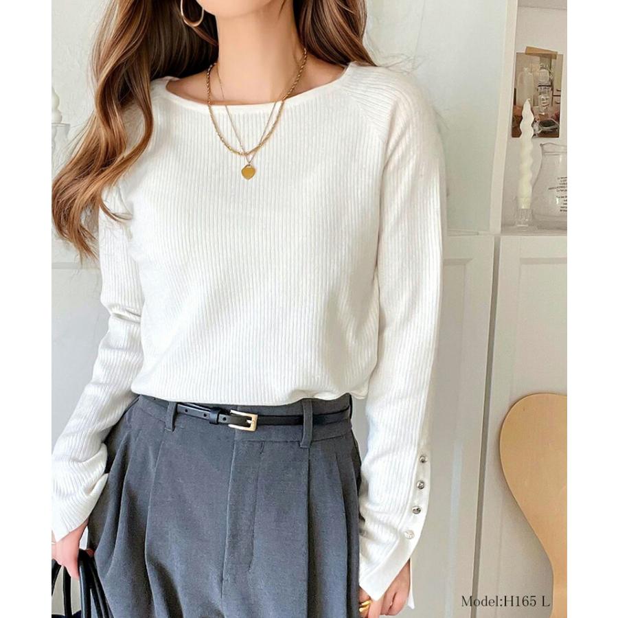 トップス ニット レディース 袖 ボタン クルーネック リブニット 無地 ボーダー 袖先 スリット レイヤードコーデ 程よい 伸縮性 着回し | classicalelf | 02